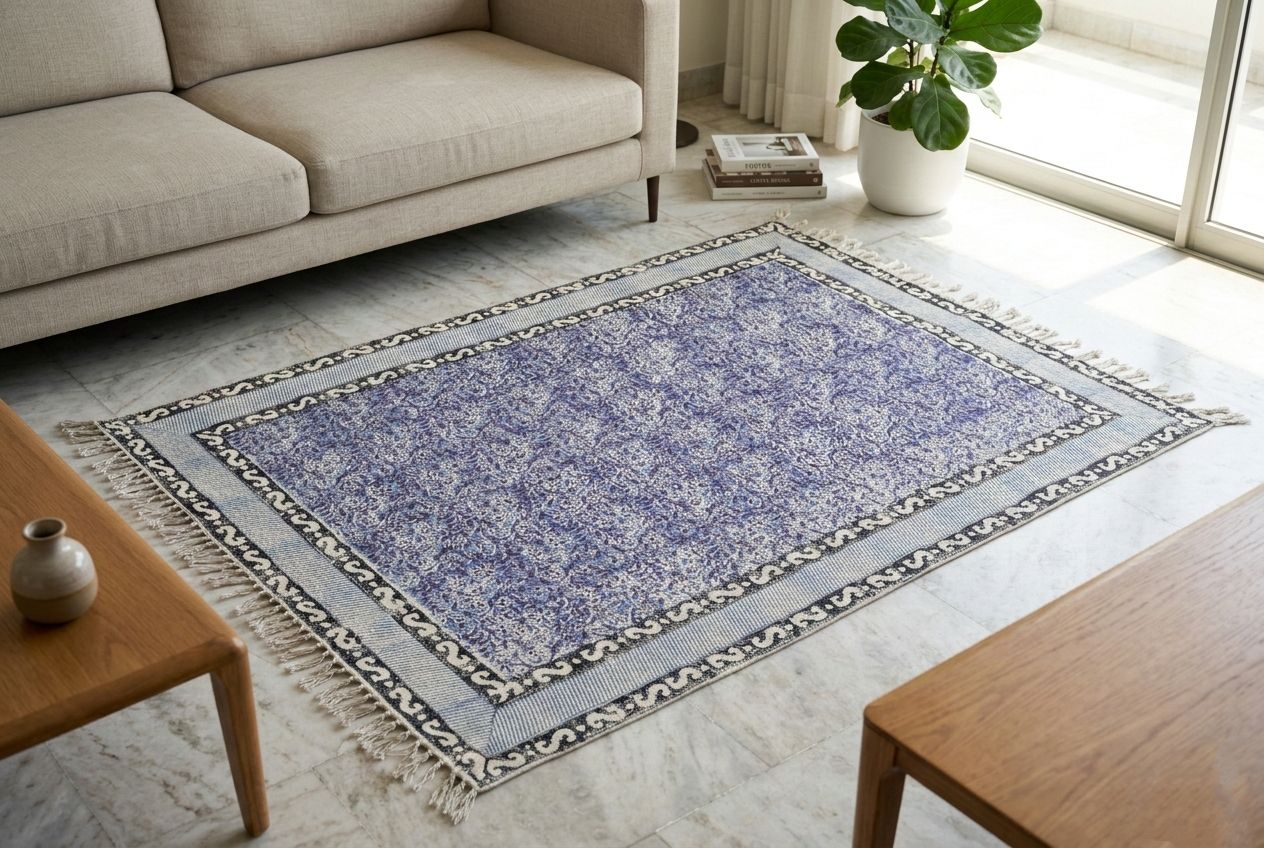 Artisan Block Print Cotton Area Rug (4x6 ft) | Traditional Hand-Stamped Flatweave Carpet