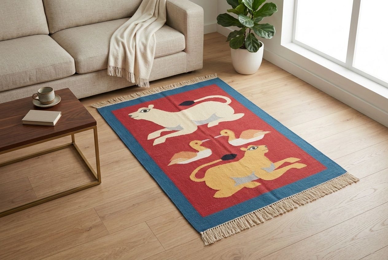 Handwoven Cotton Animal Design Durry (2x3 ft) | Playful Reversible Small Area Rug & Play Mat