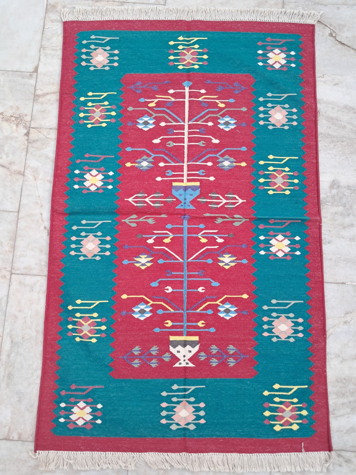 3x5 Cotton Blue Hand woven Dhurrie Rug- Carpet Design.