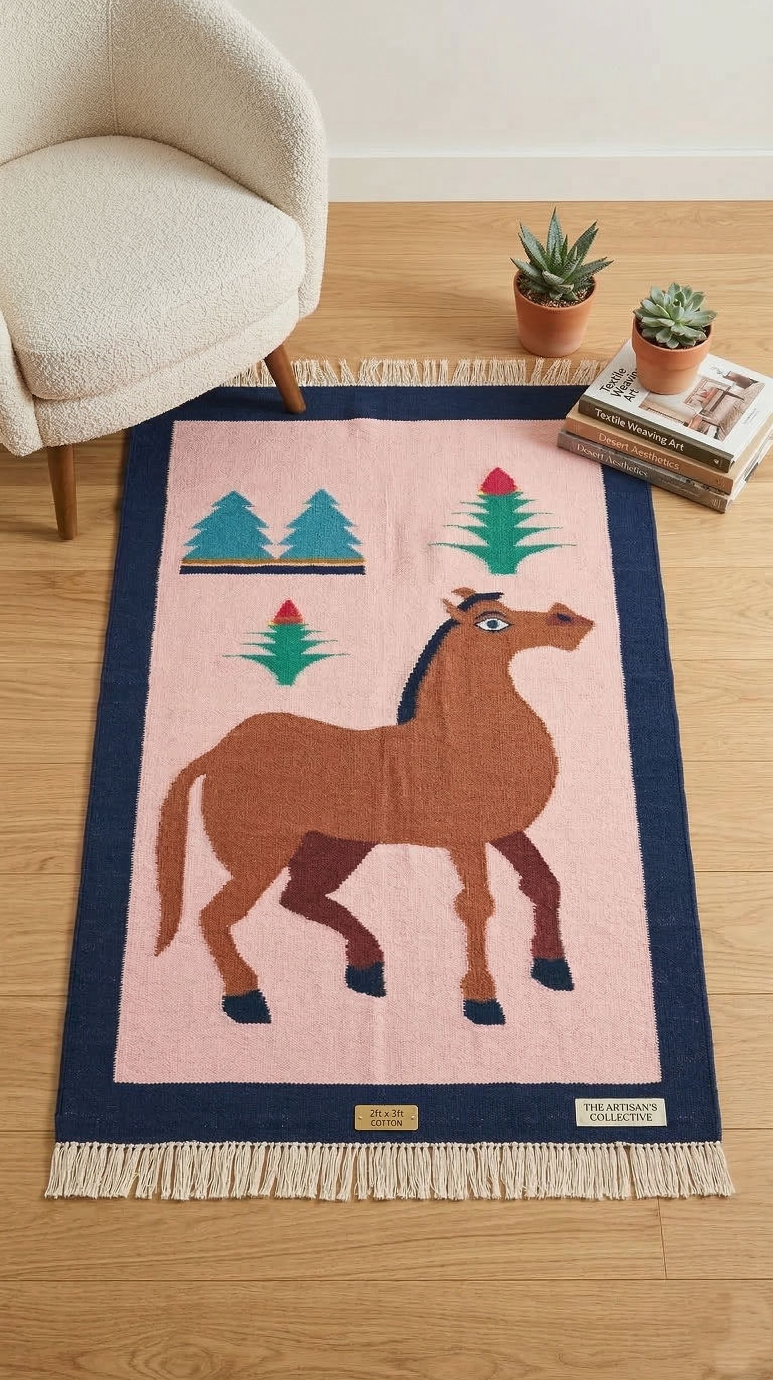 Handwoven Cotton Horse Design Durry (2x3 ft) | Playful Reversible Small Area Rug & Play Mat.