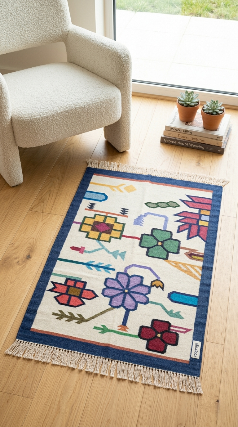 Handwoven Cotton Traditional Design Durry (2x3 ft) | Playful Reversible Small Area Rug & Play Mat.