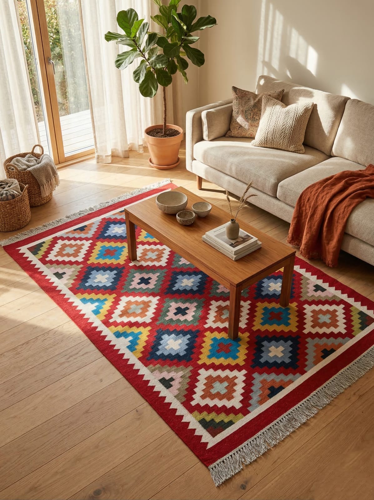 Premium Handwoven Cotton Area Rug 3×5 ft | Washable Flatweave Dhurrie | Handmade Indian Rug for Living Room, Bedroom & Home Decor