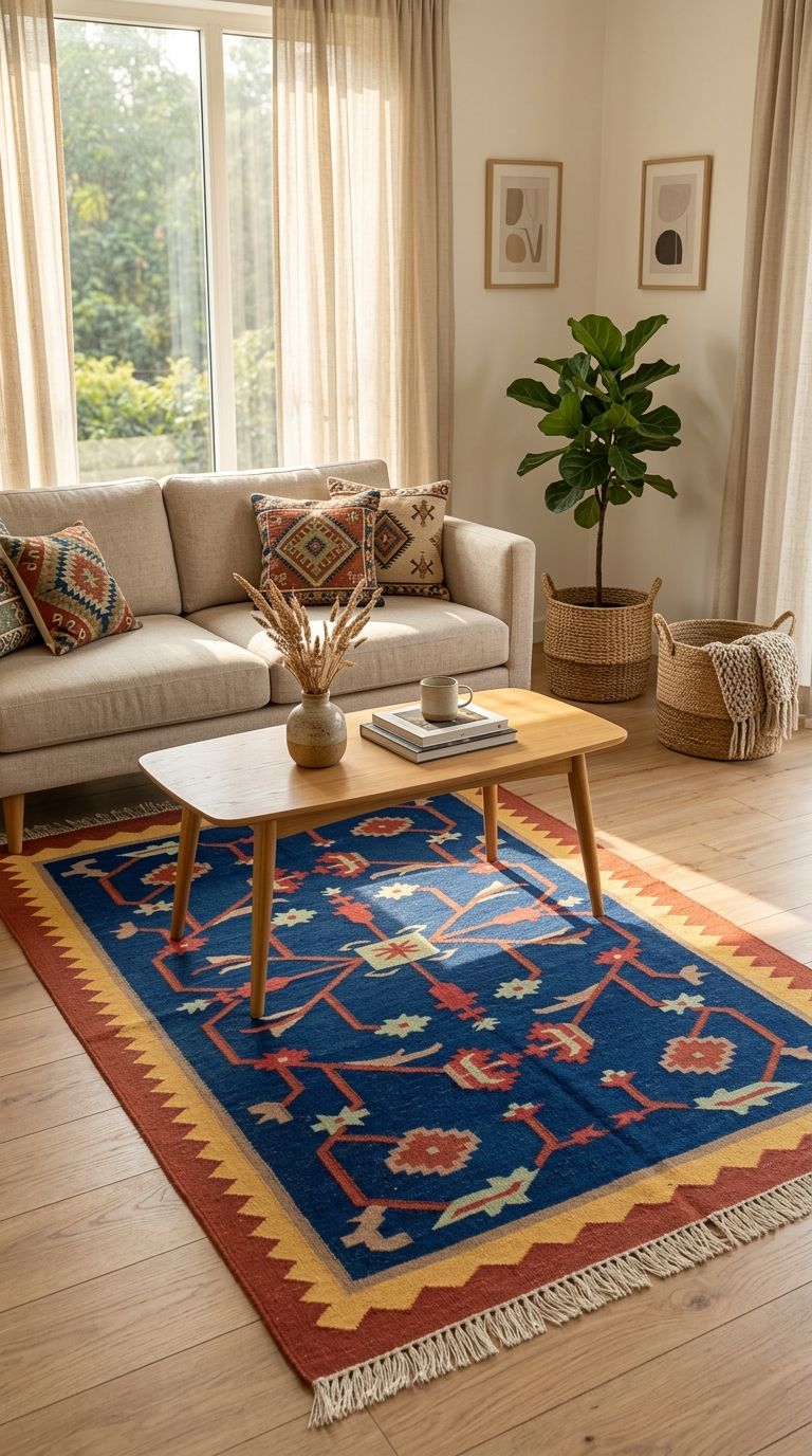 Premium Handwoven Cotton Area Rug 3×5 ft | Washable Flatweave Dhurrie | Handmade Indian Rug for Living Room, Bedroom & Home