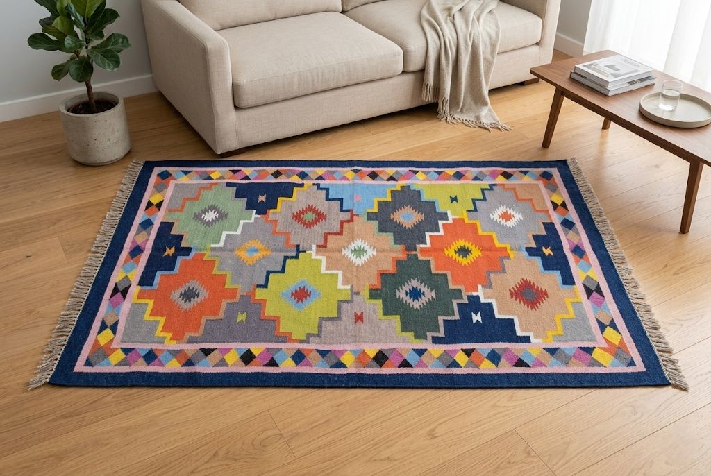 Premium Handwoven Cotton Flatweave Area Rug 3x5 ft - Reversible Kilim Dhurrie with Fringes - Versatile Bohemian Accent Carpet for Living Room, Bedroom & Entryway