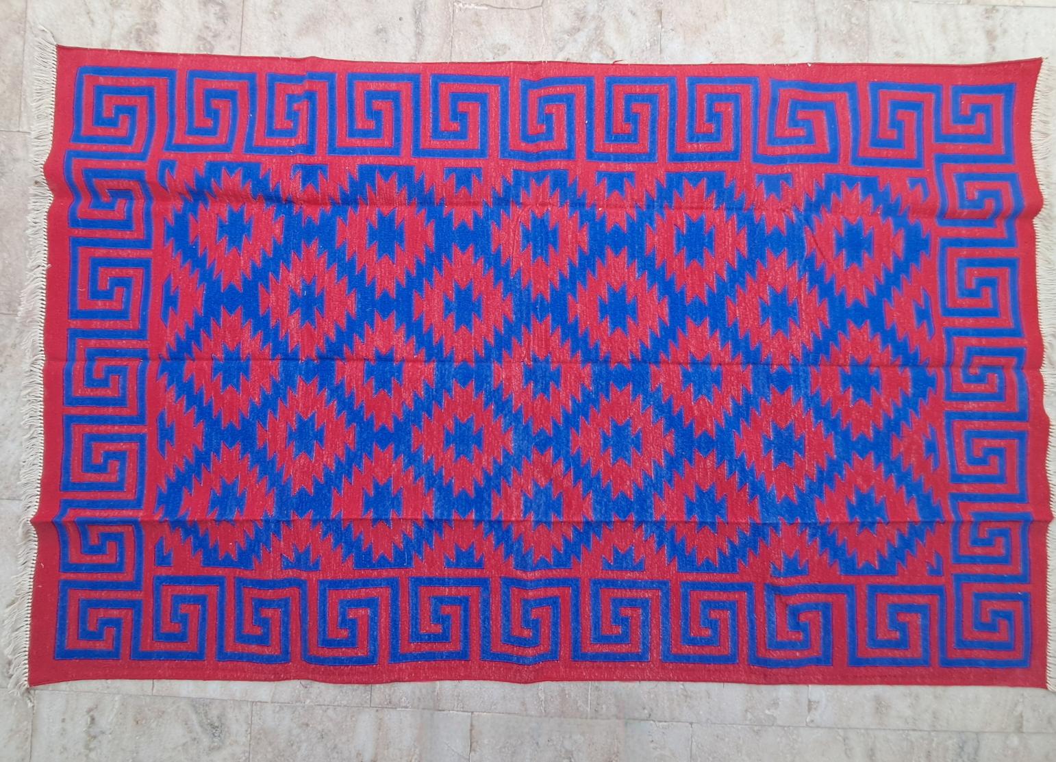 Handwoven 5x8 Cotton Area Rug | Red & Blue Geometric Punja Durry (4x6 ft) | Reversible Artisan Area Carpet.